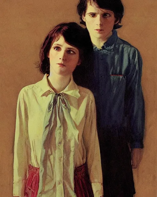 Image similar to two beautiful but creepy siblings wearing oxford shirts in layers of fear, with haunted eyes and dark hair, 1 9 7 0 s, seventies, wallpaper, a little blood, morning light showing injuries, delicate embellishments, painterly, offset printing technique, by brom, robert henri, walter popp