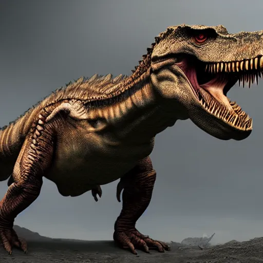 Image similar to anthromorphic reptile looking like a t-rex, digital art, matte painting, 4K, !!coherent like Dall-E 2!!