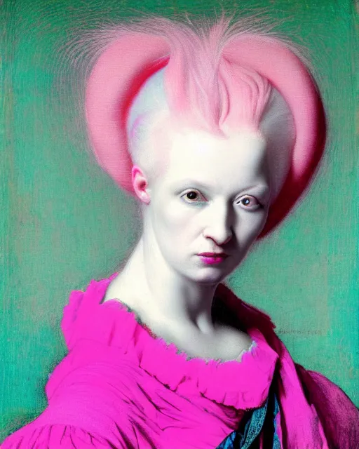 Prompt: photo-realistic portrait of an albino woman with pink hair, wearing a neon blue dress by Vivienne Westwood, intricate details, masterpiece, in the style of Jean Auguste Dominique Ingres, black background