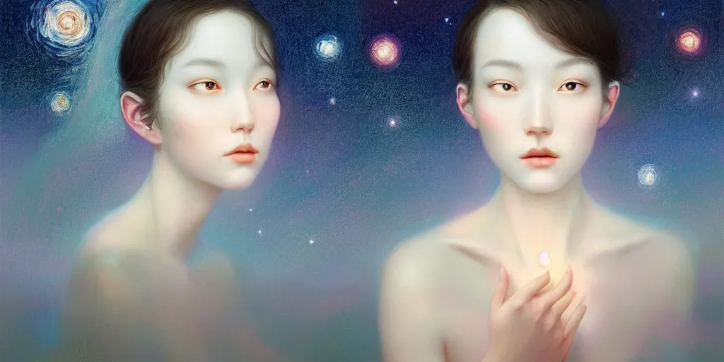 Image similar to breathtaking delicate detailed concept art painting faces with starry night inside, by hsiao - ron cheng, bizarre compositions, exquisite detail, pastel colors, 8 k