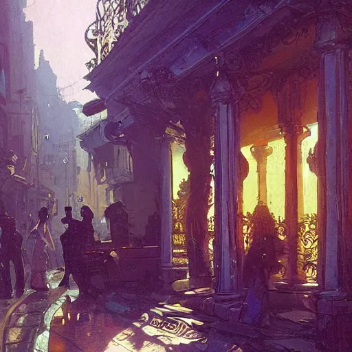 Prompt: painting of syd mead artlilery scifi organic shaped small shop with ornate metal work lands on a sidewalk, floral ornaments, greek architecture, volumetric lights, purple sun, andreas achenbach