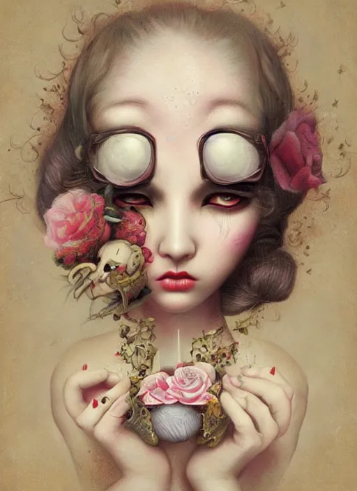 Image similar to pop surrealism, lowbrow art, realistic cute girl painting, japanese street fashion, hyper realism, muted colours, rococo, natalie shau, loreta lux, tom bagshaw, mark ryden, trevor brown style,