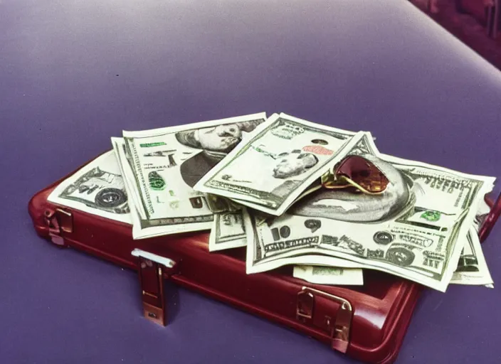 Prompt: color photo of a briefcase full of money in the 8 0's