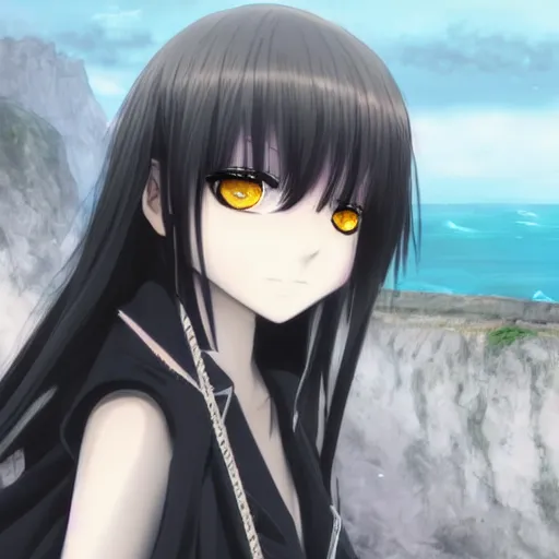 Image similar to 1 7 - year - old anime goth girl, black hair, long bob cut, long bangs, gothic coat, long bangs, standing on cliff along the irish coast, overcast gray skies, ultra - realistic, sharp details, cold lighting, blue and gray colors, intricate details, subsurface scattering, hd anime, 2 0 1 9 anime