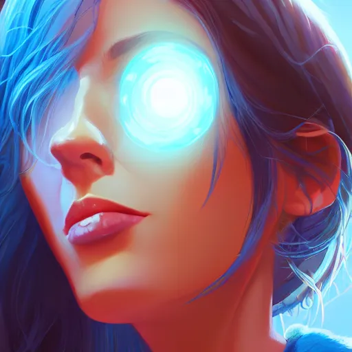 Prompt: Close-up portrait of an mexican woman in his 30s, light brown hair blue eyes, digital painting, 4k, rays of light, particles light, lois van baarle, ilya kuvshinov, rossdraws, artstation, landscape by Noah Bradley, pixel art