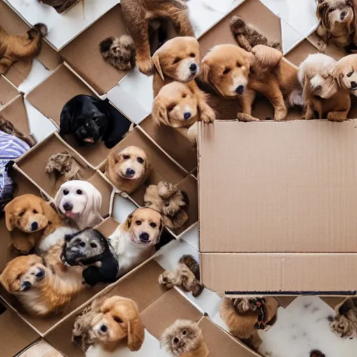 Prompt: an open cardboard box on a wooden floor filled with puppies, top view, dslr photo