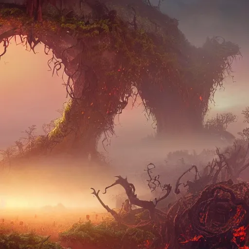 Prompt: An incredibly beautiful but ominous matte painting depicting a profusion of evil carnivorous vines and colorful flowers and lush exotic trees and bloated toadstools, with horrifying huge burning eyes and jagged bloody teeth, overgrowing a desolate ruins submerged in fog beneath the setting sun, nvidia, vray, evening, epic scale