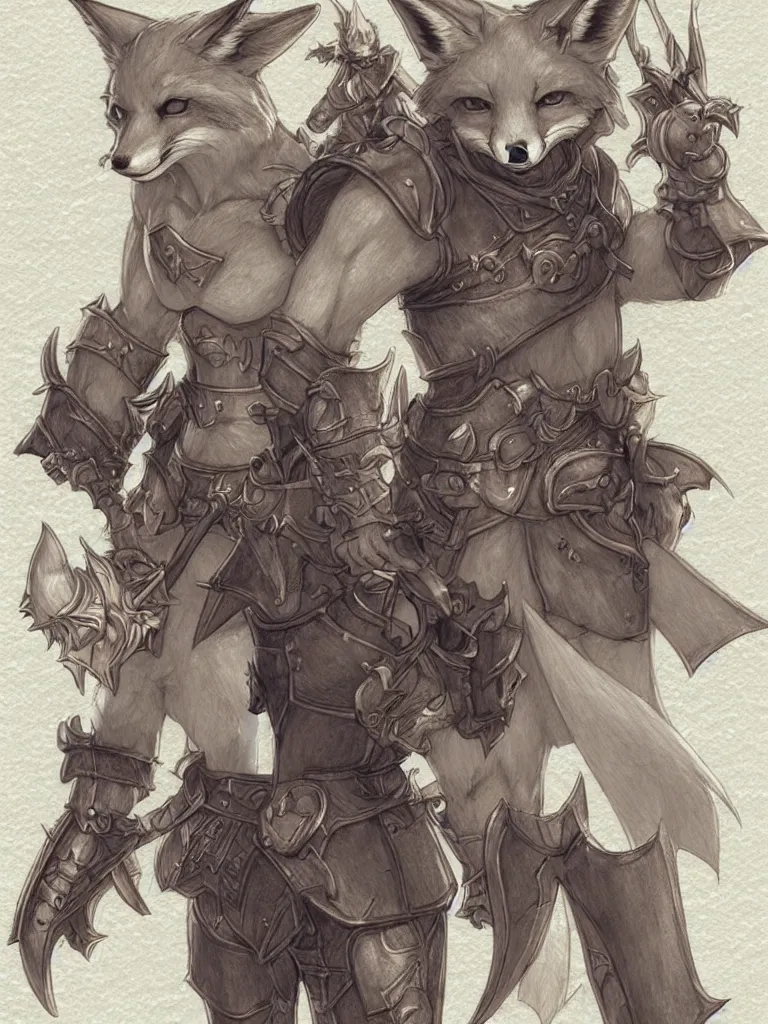 Image similar to heroic character design of anthropomorphic fox, whimsical fox, portrait, holy crusader medieval, final fantasy tactics character design, character art, whimsical, lighthearted, colorized pencil sketch, highly detailed, Akihiko Yoshida