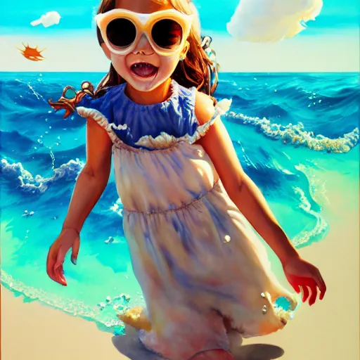 Image similar to Extremely Detailed and Full Portrait scene of Gooey Ocean scene in ink and refined sand, Wendy Thomas Wendys Mascot Girl with shades on face. wearing a sundress full body smiling by Akihito Yoshitomi AND Yoji Shinkawa AND Greg Rutkowski, Mark Arian trending on artstation