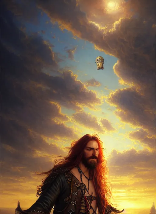 Image similar to portrait painting of a handsome face rugged long hair crimson hair male pirate, top half portrait soft hair steampunk ornate zeppelin blimp airship in the background sky sunset golden hour fantasy soft hair deviantart book cover art dramatic volumetric lighting art by wlop greg rutkowski gaston bussiere