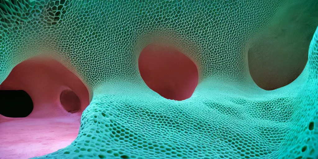 Image similar to biomorphic honeycomb structures by ernesto neto, light - mint with light - pink color, 4 k, insanely quality, highly detailed, film still from the movie directed by denis villeneuve with art direction by zdzisław beksinski, telephoto lens, shallow depth of field