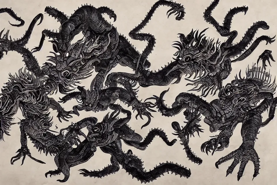 Prompt: many alien monsters are fighting with chinese immortals, traditional chinese ink painting, stable diffusion.