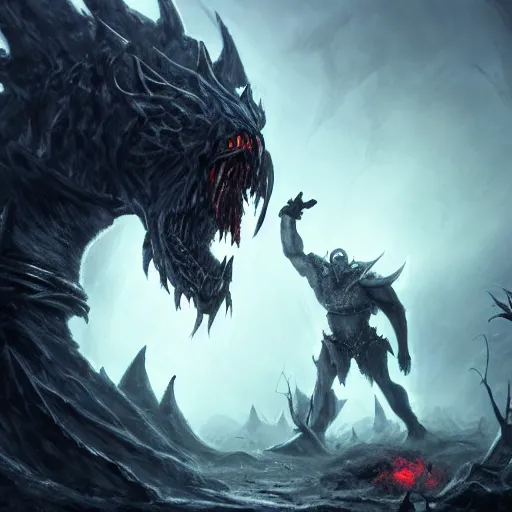 Prompt: Photo of a horrified human champion approaching a giant evil sentinel king wielding a mythical blade in the abandoned ruins, terror, hysterical, horrifying, digital art, destruction, the void, ominous, crown, fear, very detailed, trending on artstation, intricate details, high definition, 16k, Artstation, by John Wallin Libert