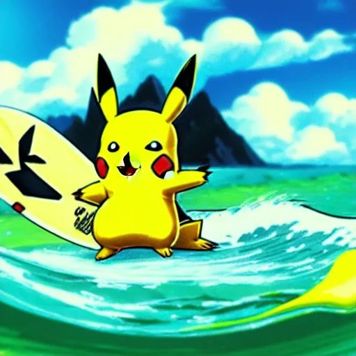 Image similar to pikachu surfing on a wave made of green slime, pokemon tcg image, trending on artstation