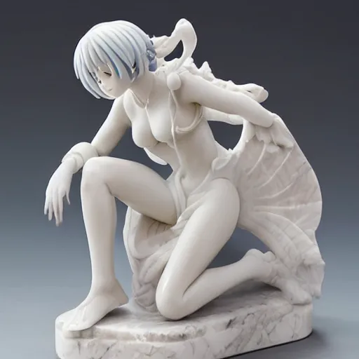 Prompt: intricately carved marble statue of kawaii rei ayanami kneeling relaxed, highly detailed