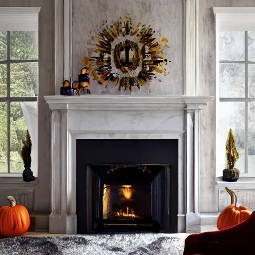 Prompt: a realistic photo of a fireplace mantle decorated for halloween, photorealism, dramatic lighting