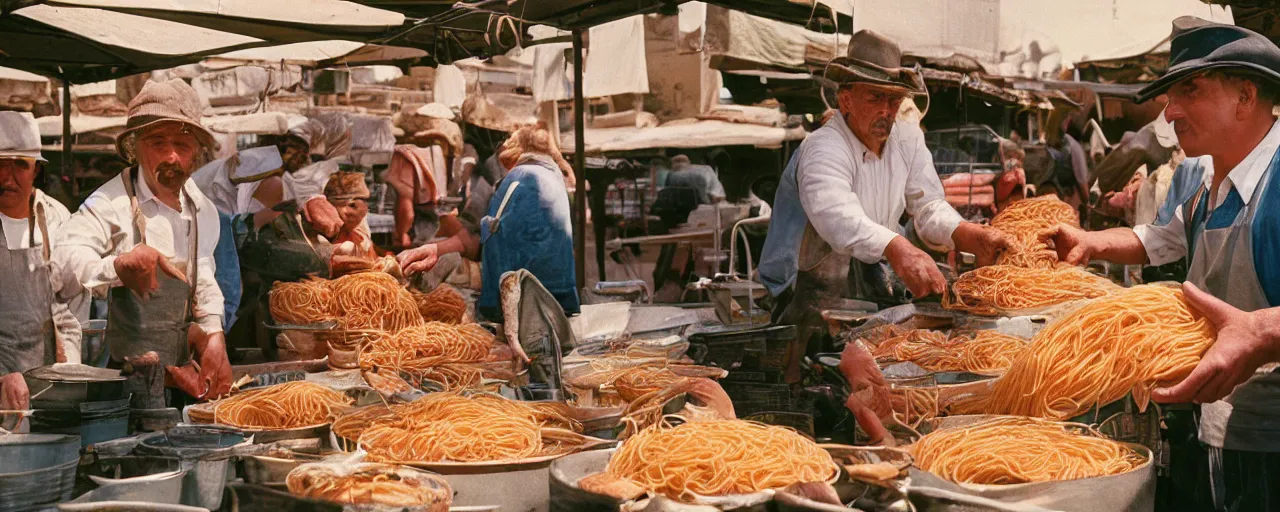 Prompt: famers market selling spaghetti, canon 5 0 mm, high detail, realistic faces, small details, intricate, sunny, cinematic lighting, photography, wes anderson, film, kodachrome