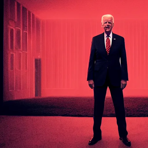 Image similar to Joe Biden standing in a room engulfed in red light, cinematic, bloom, breathtaking, illustration