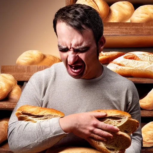 Image similar to man crying in a room full of bread, 4 k