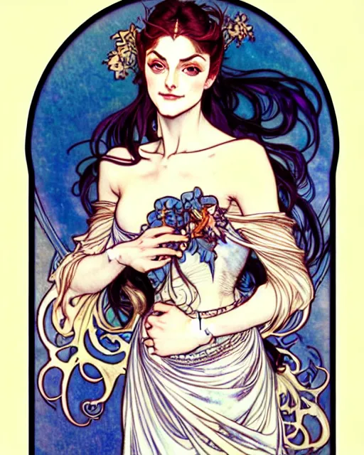 Image similar to in the style of artgerm, arthur rackham, alphonse mucha, phoebe tonkin, symmetrical eyes, symmetrical face, flowing blue skirt, full entire body, hair blowing, intricate filagree, hidden hands, warm colors, cool offset colors