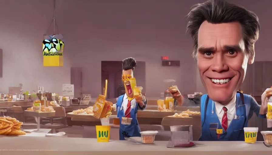 Image similar to Jim Carrey work as a waiter at Mcdonalds, hyperdetailed, artstation, cgsociety, 8k