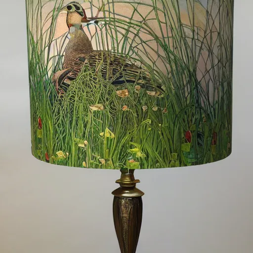 Image similar to beautiful victorian art nouveau duck lampshade, river reeds duckweeds close up abstract mallard feathers, mucha tiffany kilian eng