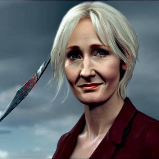 Prompt: JK Rowling as a character in Devil May Cry, film still, photorealistic, medium shot