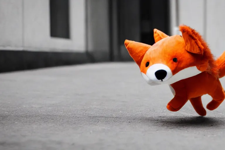 Image similar to A fabric stuffed animal toy fox plushie wagging its tail rapidly while sitting on the sidewalk, dynamic, motion blur, 1/4 shutter speed, award winning photography