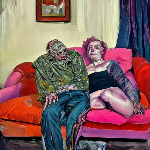 Image similar to high quality high detail painting of a old dead couple on a couch in a soviet apartment by lucian freud and jenny saville and francis bacon and malcom liepke and nicola samori, hd, anxiety, turquoise and purple and orange and pink, dark atmosphere