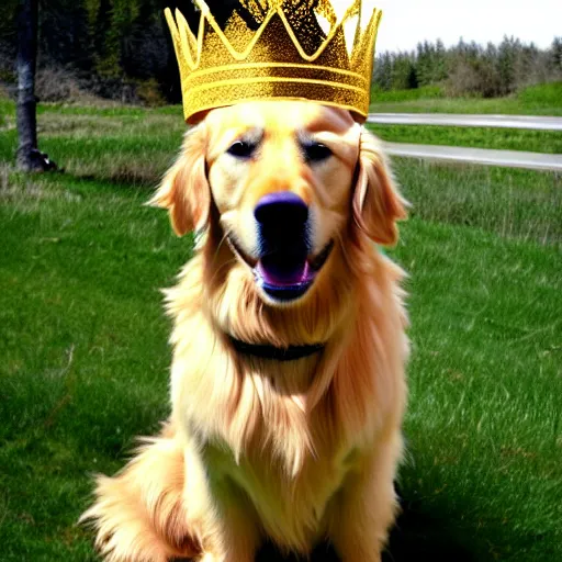 Image similar to a golden retriever wearing a golden king crown, photo