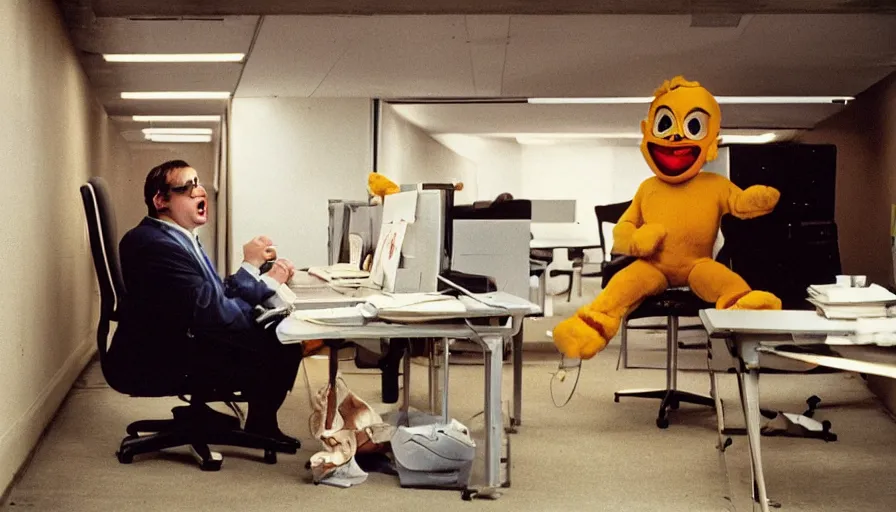 Prompt: 1990s candid 35mm photo of a beautiful day at the office, cinematic lighting, cinematic look, golden hour, a man is working at his cubicle when his very large and serious costumed mascot boss yells at him, large angry mascot face screaming at working man, man is dreaming of escaping through a tunnel in the floor, the tunnel has cinematic light beams shining out of it, UHD