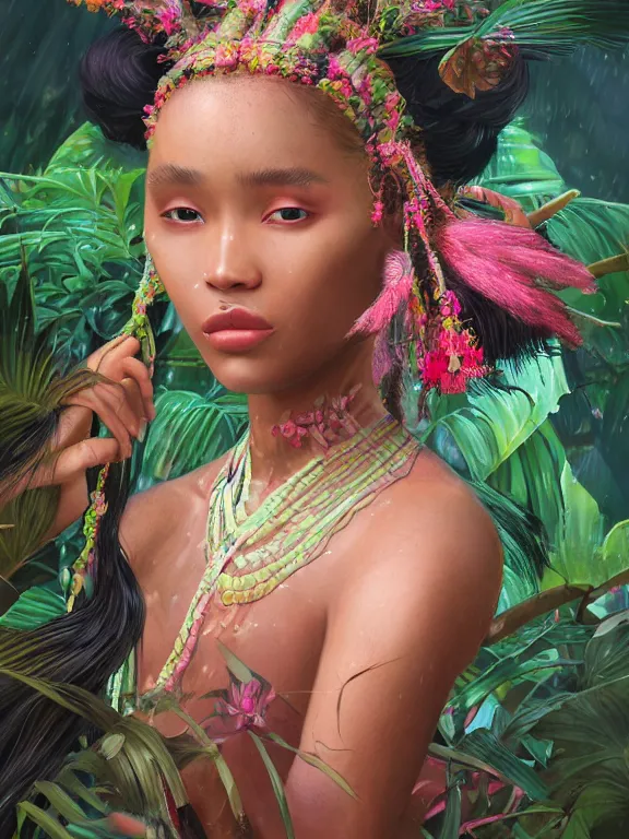 Image similar to beautiful portrait of a Subtropical monsoon climate minority female wearing fantastic costume,ivoy skin, pigtail,subtropical plants,subtropical plants flowers,intricate, elegant, highly detailed, dim volumetric lighting, 8k,octane,post-processing,digital painting, trending on artstation, concept art, smooth, sharp focus, illustration,by Tom Bagshaw and Daniel Gerhartz and Albert Aublet and Lawrence Alma-Tadema and alphonse mucha