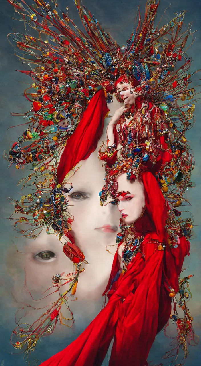 Image similar to a female character design wearing high fashion, beads hanging over her face like an alexander mcqueen headdress, costume by eiko ishioka, haute couture, dior, and a red cape by moebius, steven outram, colourful and psychedelic, hd, 8 k, artstation, high quality, ultra detailed