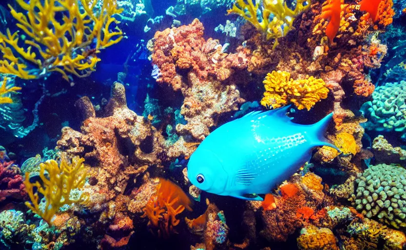 Image similar to photo of an extremely cute alien fish swimming an alien habitable underwater planet, coral reefs, dream-like atmosphere, water, plants, peaceful, serenity, calm ocean, tansparent water, reefs, fish, coral, inner peace, awareness, silence, nature, evolution, 8K,