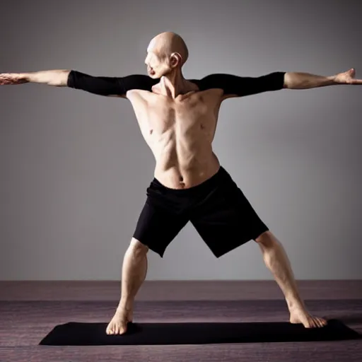 Image similar to portrait of nosferatu doing yoga, sport photography