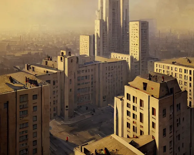 Prompt: brutalist soviet city of warsaw, poland. fantasy art by greg rutkowski, gustave courbet, rosa bonheur, edward hopper. faithfully depicted architecture, realistic, sharp focus, global illumination, radiant light, detailed and intricate environment, trending on artstation