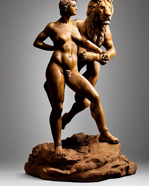 Image similar to a full figure rubber sculpture of a warrior princess and a lion, by Michelangelo, dramatic lighting, wide angle lens