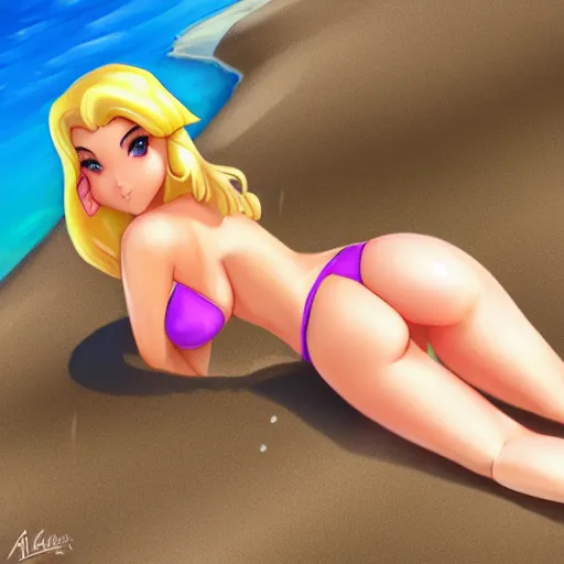 Image similar to beautiful princess peach in a bikini on the beach drawn by artgerm