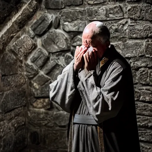 Prompt: An old catholic priest kneeled in passionate prayer at the summit of a tall medieval tower. His face is bathed in ominous yellow light. He is looking straight at the camera right above him. 4K photograph