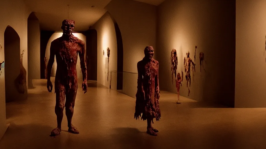 Prompt: the strange disdainful creature walks through the museum, made of wax and blood, film still from the movie directed by Denis Villeneuve with art direction by Salvador Dalí, wide lens