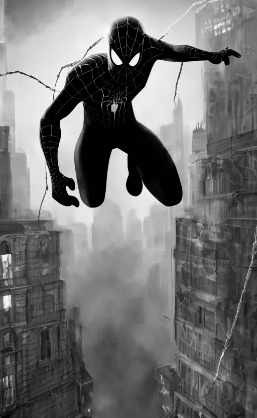 Image similar to epic spiderman noir wallpaper, dynamic lighting, photorealistic fantasy concept art, trending on art station, stunning visuals, creative, cinematic, ultra detailed