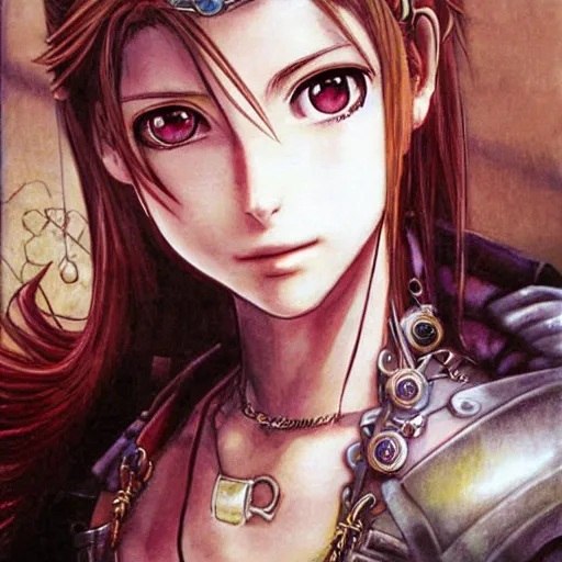 Image similar to a portrait painting of aerith from from final fantasy 7 with the steam punk city midgard as backfrop by master artist yoshitaka amano