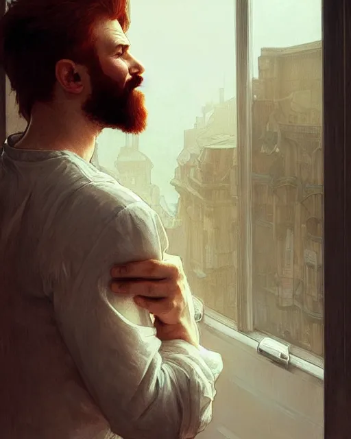 Image similar to attractive red - headed bearded man wearing a white shirt looking out the window expectantly, a smile on his lips, highly detailed, digital painting, artstation, concept art, smooth, sharp focus, illustration, art by artgerm, greg rutkowski, alphonse mucha, j. c. leyendecker