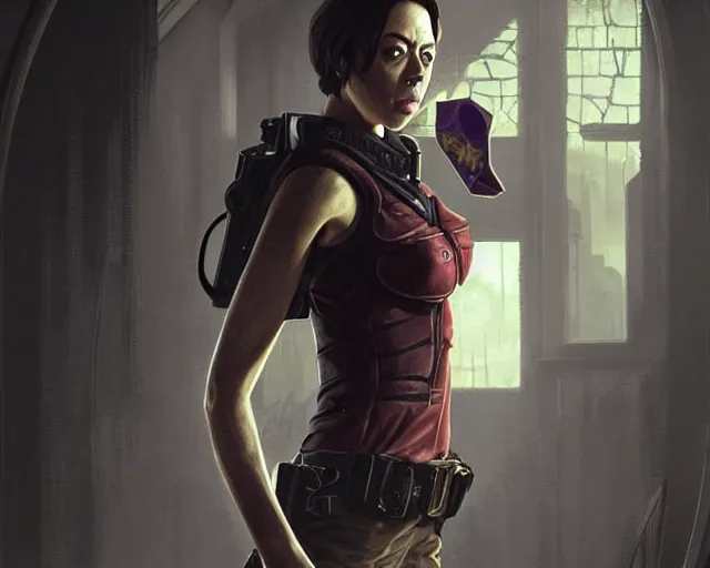 Image similar to a gaming screenshot still portrait of aubrey plaza in resident evil, deep focus, d & d, fantasy, intricate, elegant, highly detailed, digital painting, artstation, concept art, matte, sharp focus, illustration, dark fantasy style art, hearthstone, art by artgerm and greg rutkowski and alphonse mucha