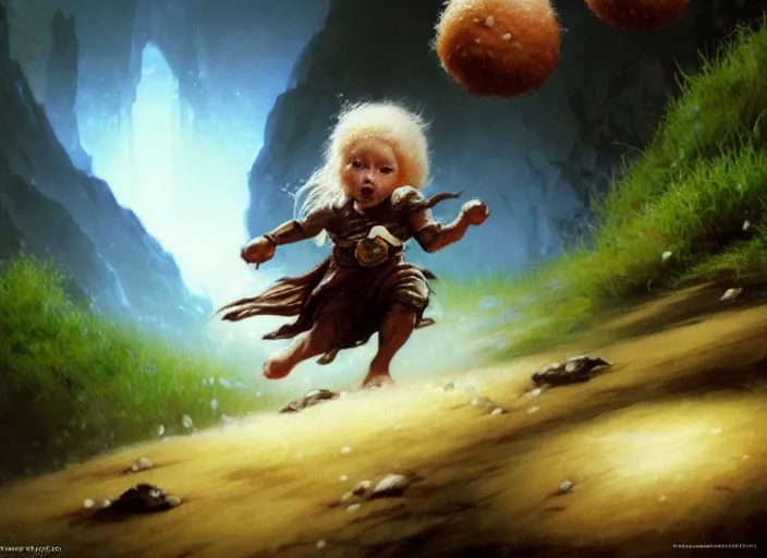 Prompt: magic : the gathering fantasy character concept art of cute riceballs bouncing down a mountain path, by franz frazetta, high resolution. rice granules scattered all around, fantasy coloring, intricate, digital painting, artstation, smooth, sharp focus