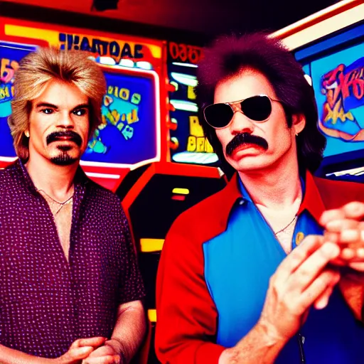 Prompt: hall and oates in an arcade 1 9 8 8, ( sony a 7 r iv, symmetric balance, polarizing filter, photolab, lightroom, 4 k, dolby vision, photography awardm, voque, perfect face )