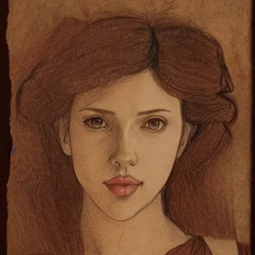Image similar to a finished, detailed portrait drawing with reddish brown ink on parchment of a very young scarlett johansson, by leonardo davinci in davinci's style from one of his notebooks