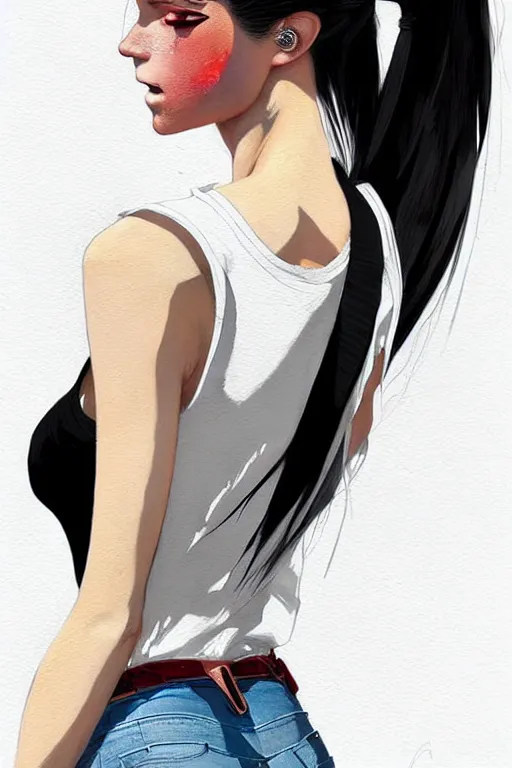 Prompt: a ultradetailed beautiful painting of a stylish woman in with white hair in a ponytail, she is wearing a black tank top and jeans, by conrad roset, greg rutkowski and makoto shinkai trending on artstation