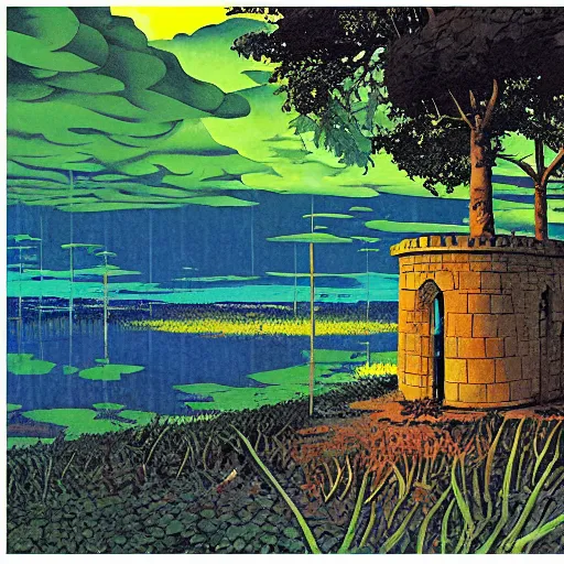 Prompt: pillbox paragonpunk fortress half-sunk in a noxious Swamp, by Colleen Doran and by Angus McBride and by Ted Nasmith, low angle dimetric composition, Fauvism, 1-point perspective