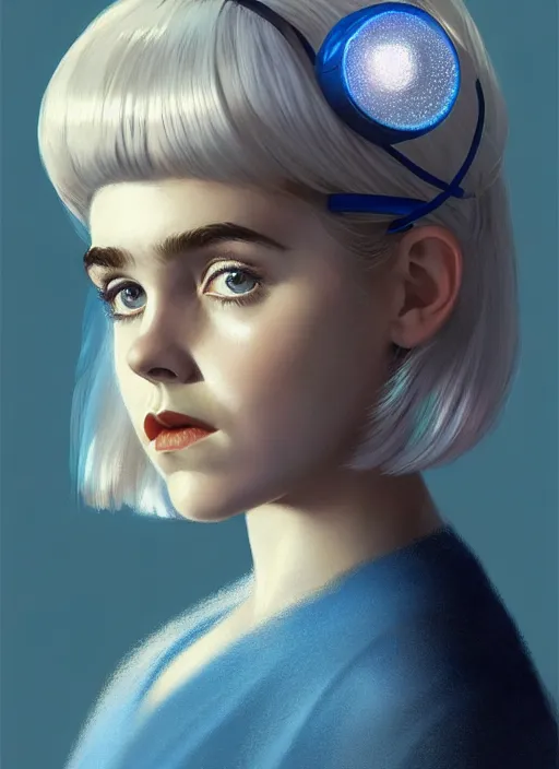 Image similar to portrait of kiernan shipka with freckles, white hair, 1 9 6 0 s bob hairstyle with bangs and hairband, blue 1 9 6 0 s dress, intricate, elegant, glowing lights, highly detailed, digital painting, artstation, concept art, smooth, sharp focus, illustration, art by wlop, mars ravelo and greg rutkowski